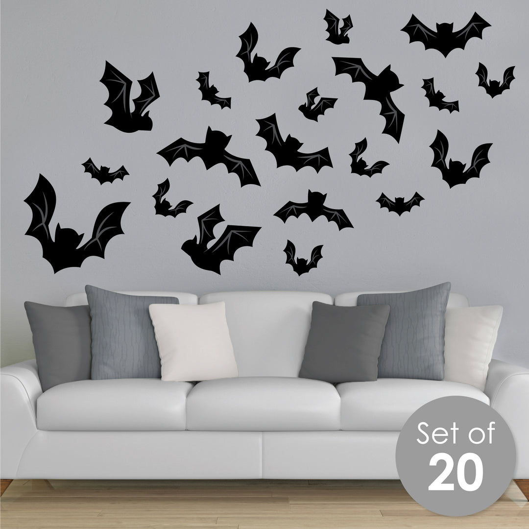 Black Bats - Peel and Stick Halloween Vinyl Wall Art Stickers - Wall Decals - Set of 20