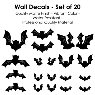 Black Bats - Peel and Stick Halloween Vinyl Wall Art Stickers - Wall Decals - Set of 20