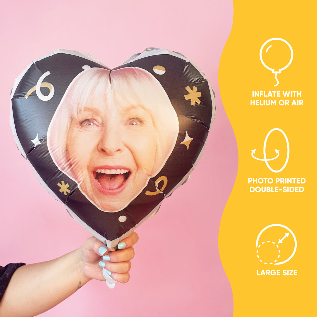 Personalized Fun Face Black & Gold Heart Balloon – Double Sided – 1 Ct