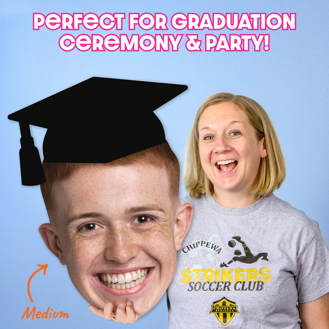 Graduation Big Head cutout close-up showing photo detail and added graduation cap