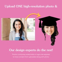 Graduation Big Head cutout close-up showing photo detail and added graduation cap