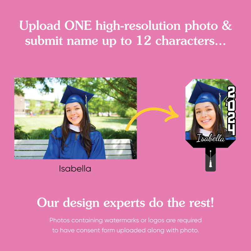 Big Dot of Happiness Custom Black Grad, Class of 2024 Face Fans with Handles, Personalized Grad Big Head on Stick, Graduation Face Cutouts, Party Photo Booth Props, Black 1pc