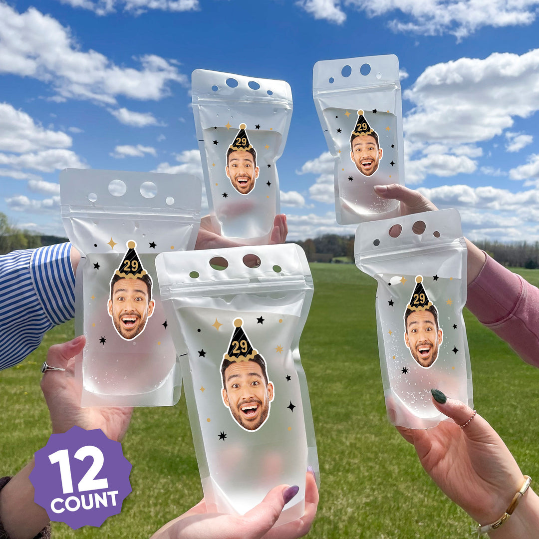 Custom Face Drink Pouches - Black and Gold Birthday - 12 Ct