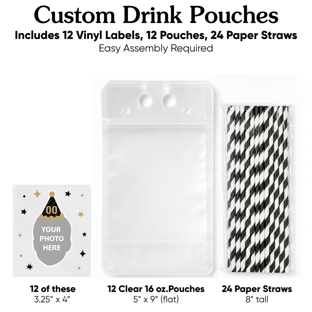 Custom Face Drink Pouches - Black and Gold Birthday - 12 Ct