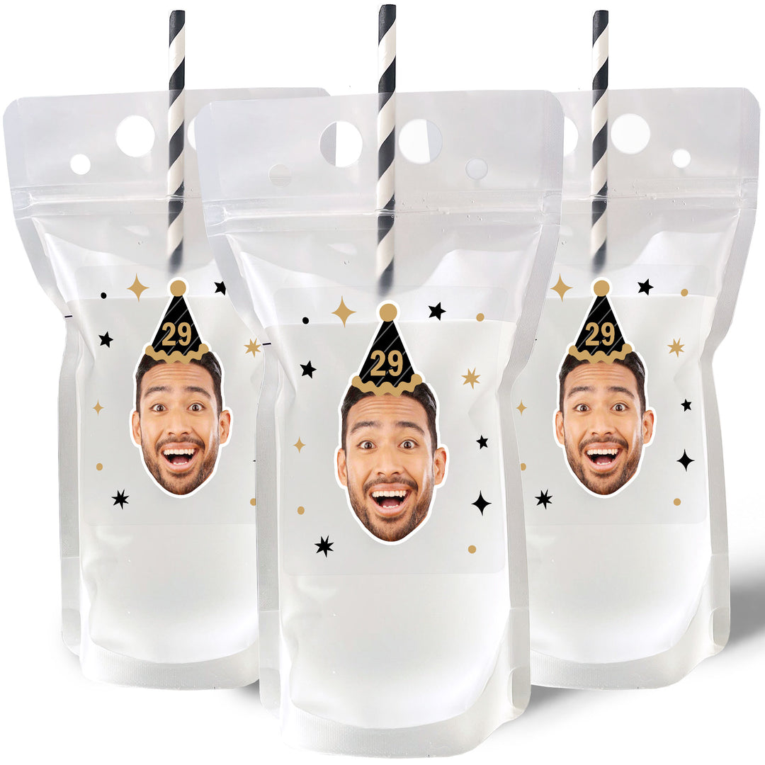 Custom Face Drink Pouches - Black and Gold Birthday - 12 Ct