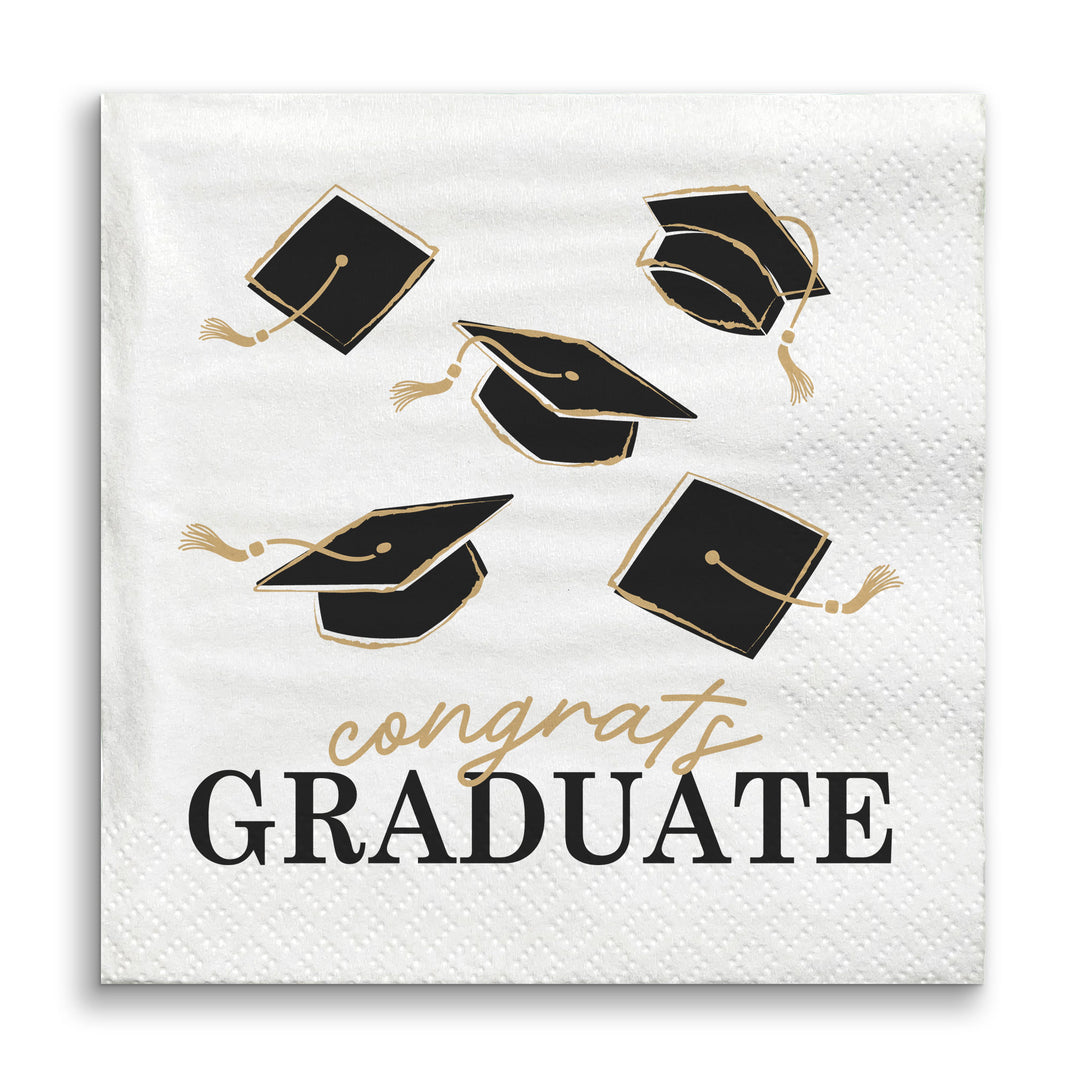 Black and Gold Congrats Graduate luncheon napkin close-up