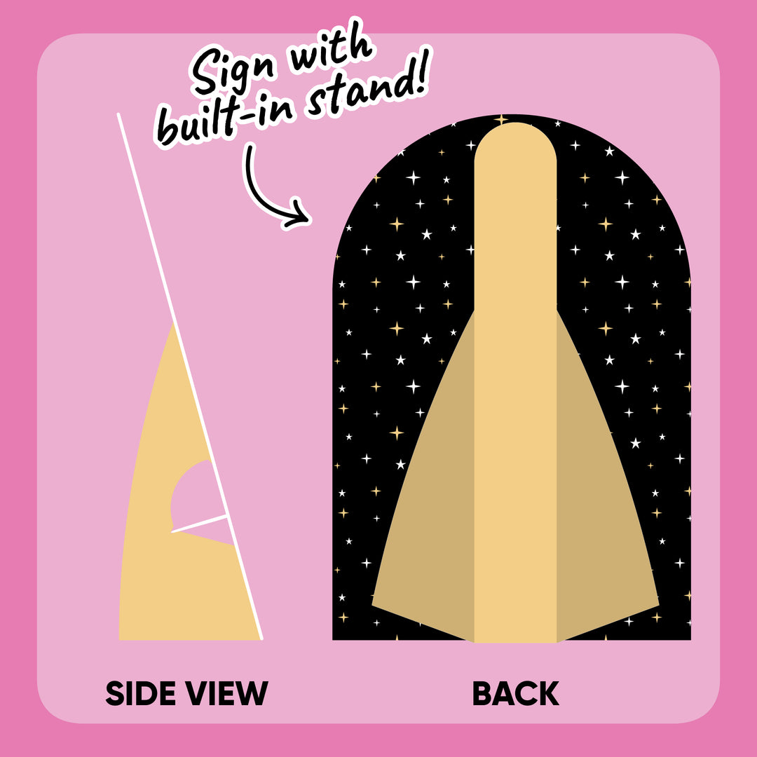 Back view of graduation party table sign showing built-in fold stand