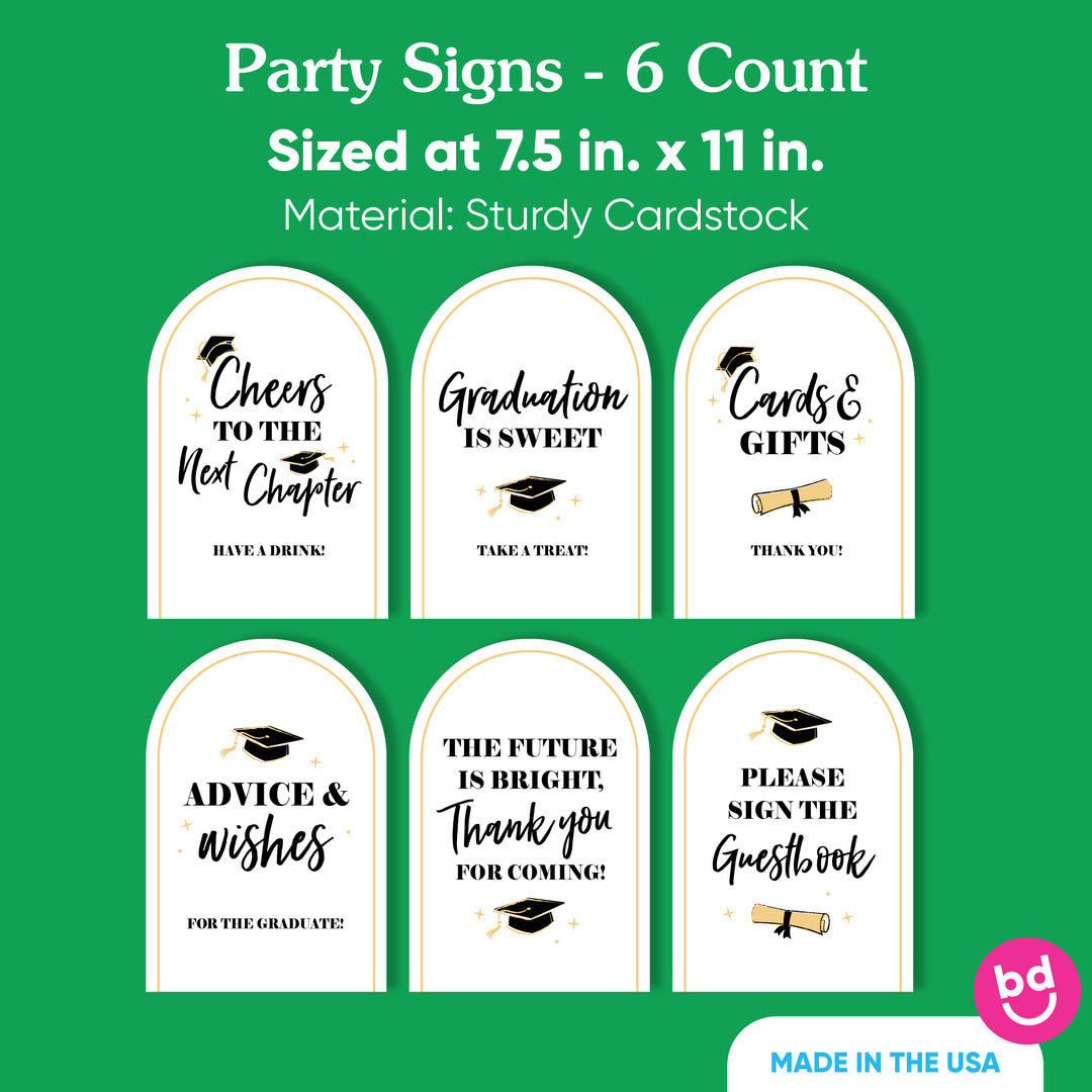 Set of six black and gold graduation party signs for guestbook, favors, and gifts