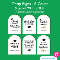 Set of six black and gold graduation party signs for guestbook, favors, and gifts