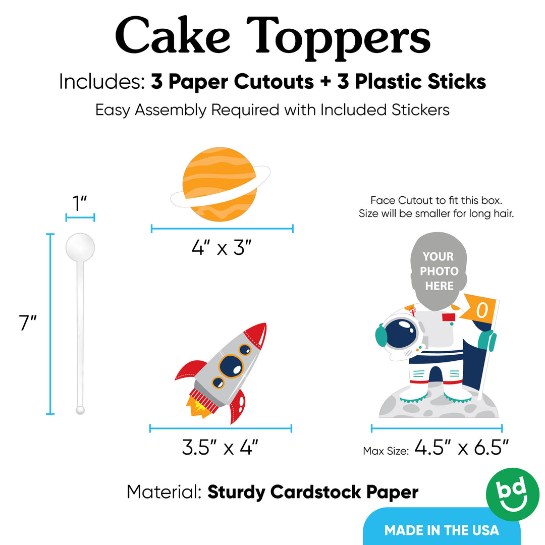 3 piece space cake topper set with sticks included