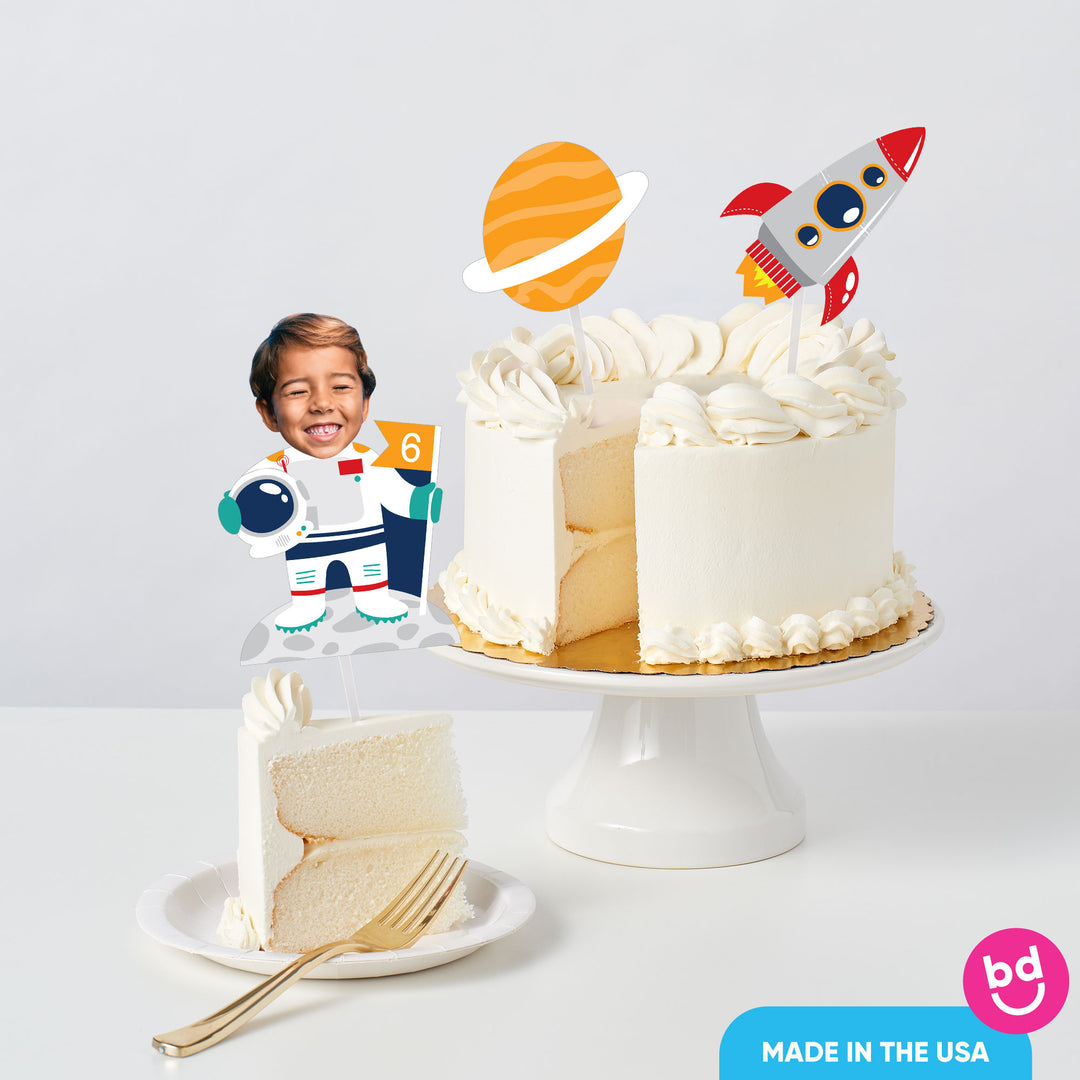 Outer space birthday cake with topper