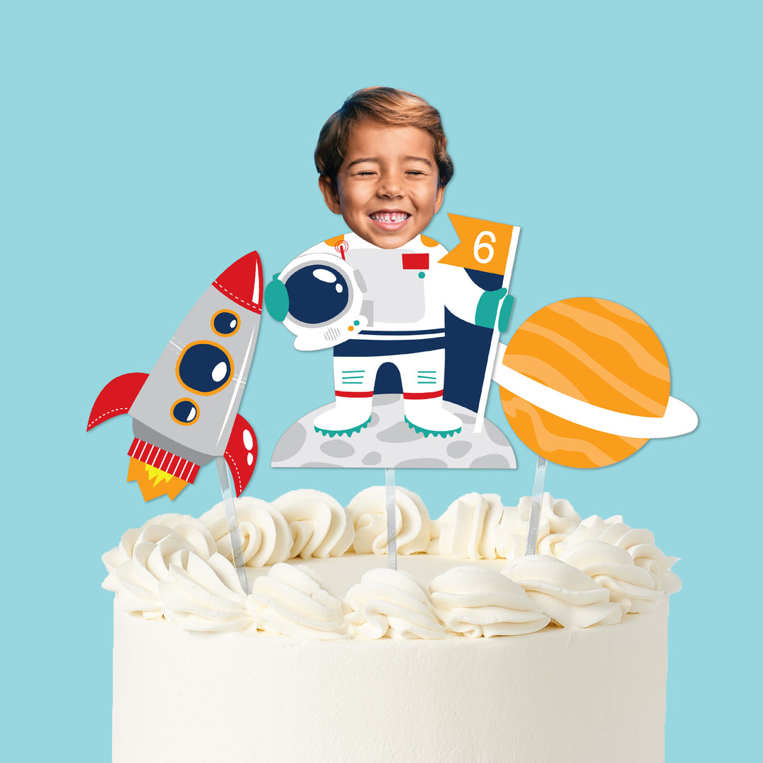 Space cake topper with astronaut photo face rocket and planet