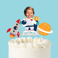 Space cake topper with astronaut photo face rocket and planet