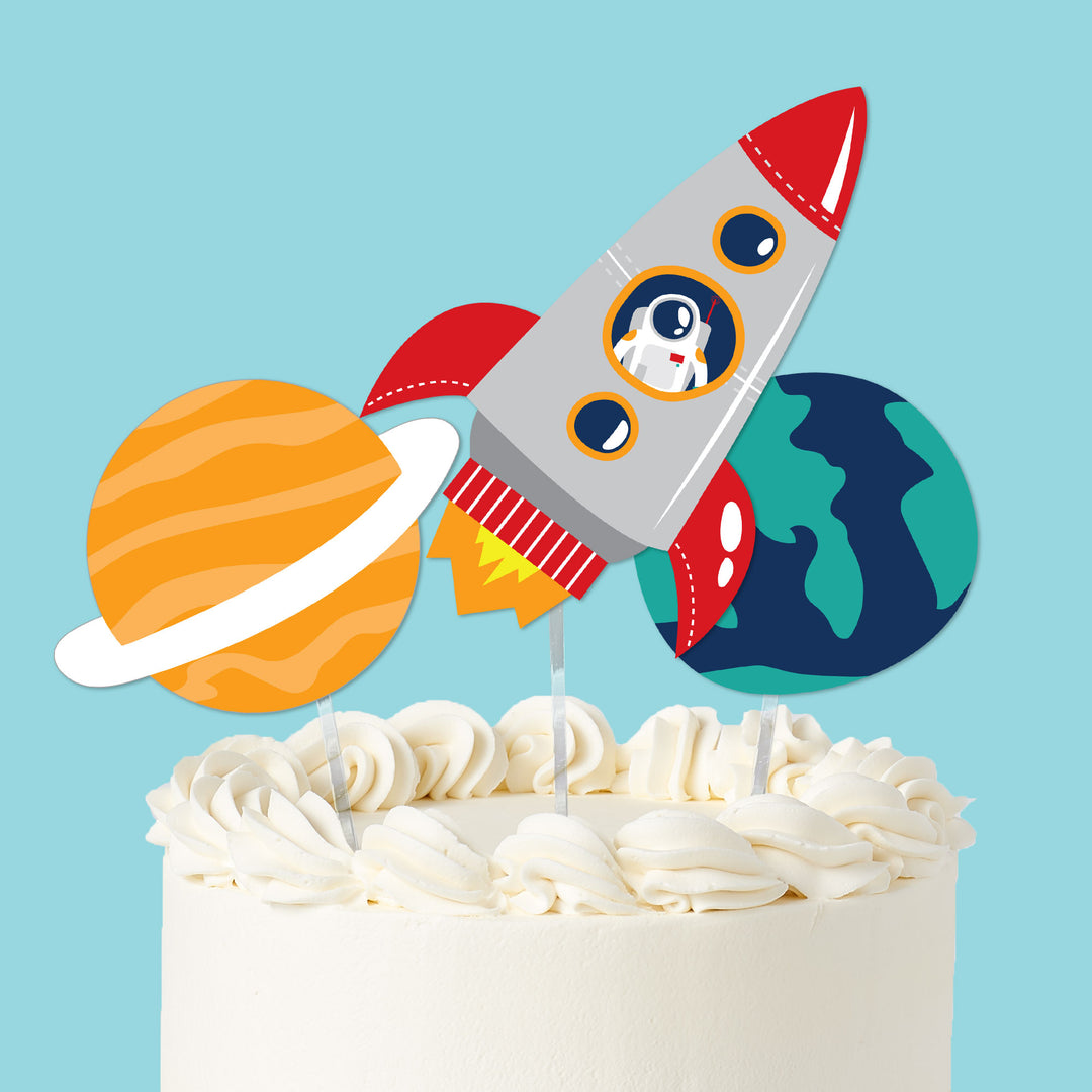 outer space cake toppers 3 piece set on themed cake