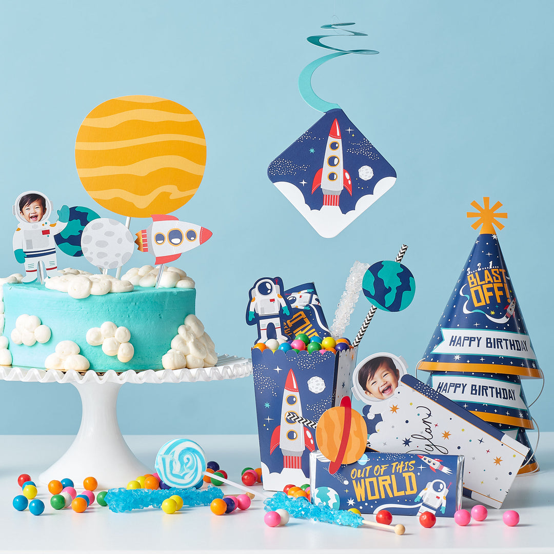 Custom Photo Blast Off to Outer Space - Rocket Ship Birthday Party Dessert Cupcake Toppers - Fun Face Clear Treat Picks - Set of 24