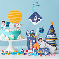 Custom Photo Blast Off to Outer Space - Rocket Ship Birthday Party Dessert Cupcake Toppers - Fun Face Clear Treat Picks - Set of 24