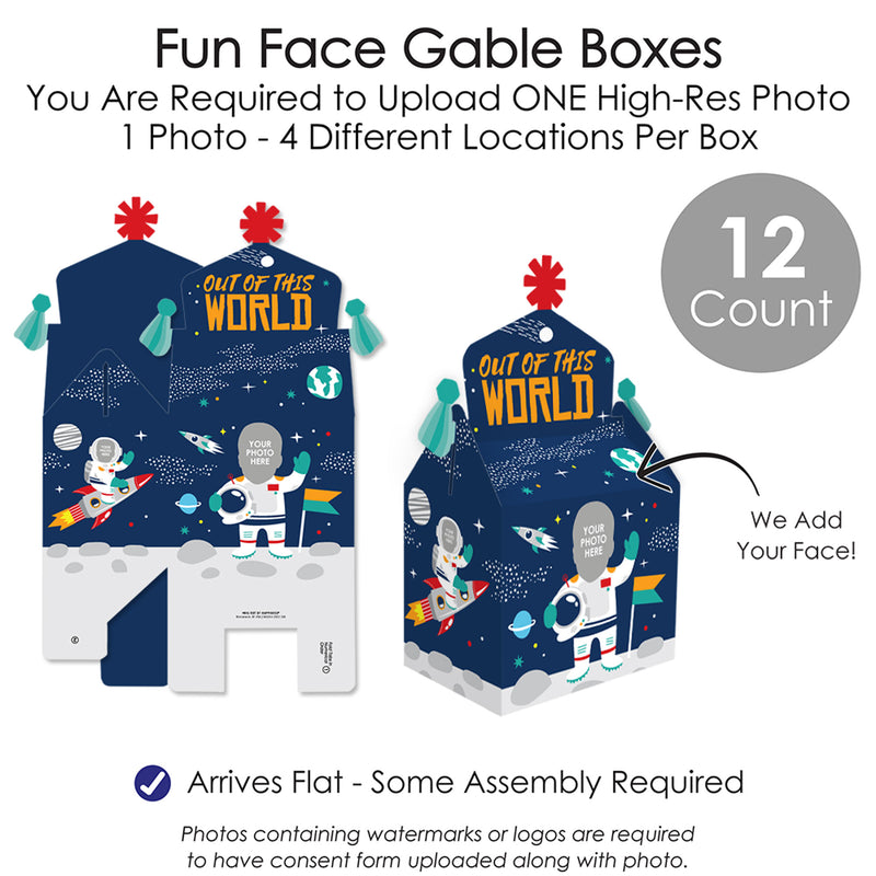 Custom Photo Blast Off to Outer Space - Rocket Ship Birthday Treat Box Party Favors - Fun Face Goodie Gable Boxes - Set of 12