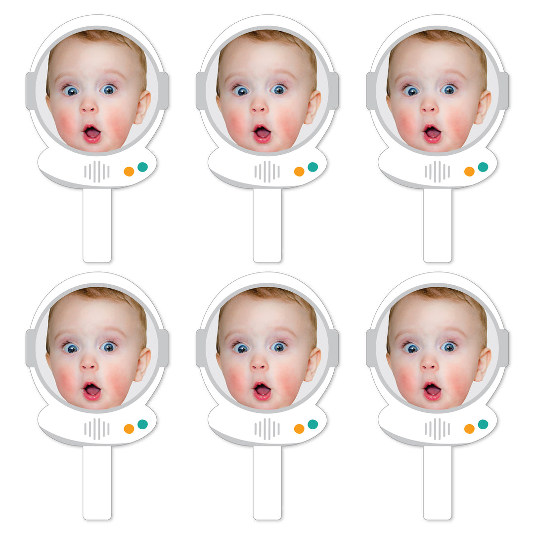 Custom Photo Blast Off to Outer Space - Rocket Ship Birthday Party Head Cut Out Photo Booth and Fan Props - Fun Face Cutout Paddles - Set of 6