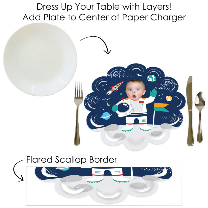 Custom Photo Blast Off to Outer Space - Rocket Ship Birthday Party Round Table Decorations - Fun Face Paper Chargers - Place Setting For 12