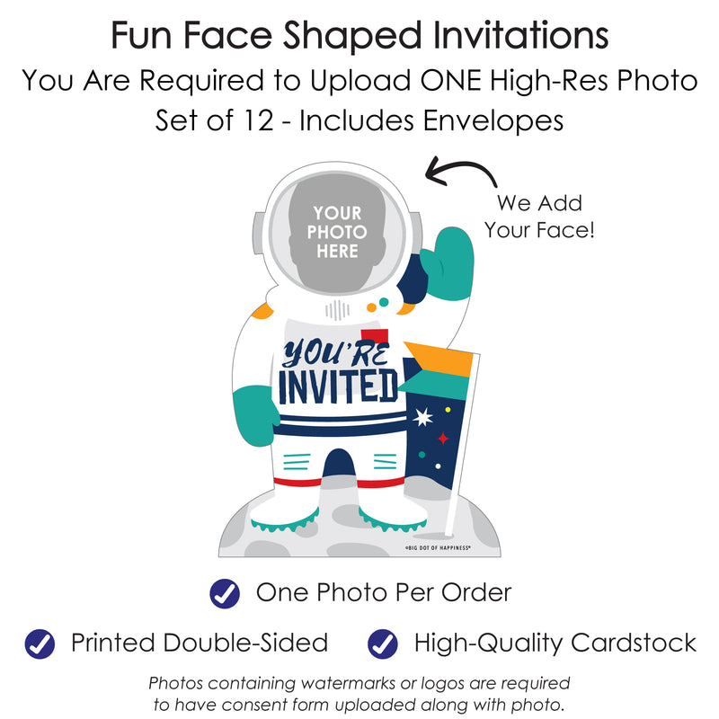 Custom Photo Blast Off to Outer Space - Rocket Ship Birthday Party Fun Face Shaped Fill-In Invitation Cards with Envelopes - Set of 12