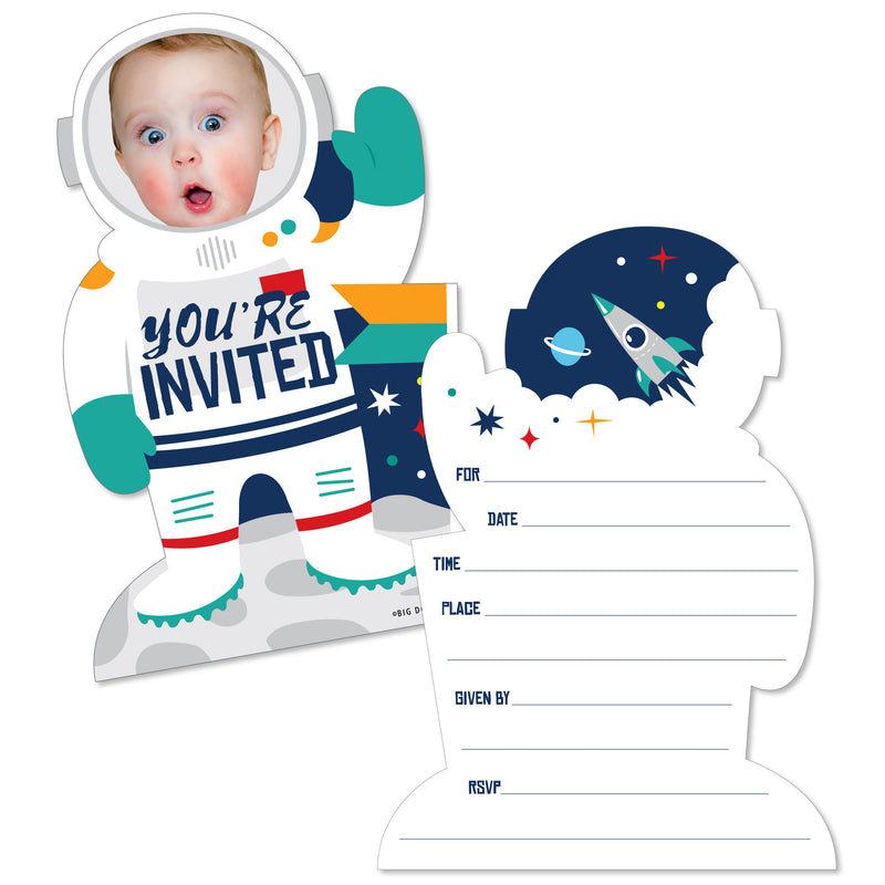Custom Photo Blast Off to Outer Space - Rocket Ship Birthday Party Fun Face Shaped Fill-In Invitation Cards with Envelopes - Set of 12