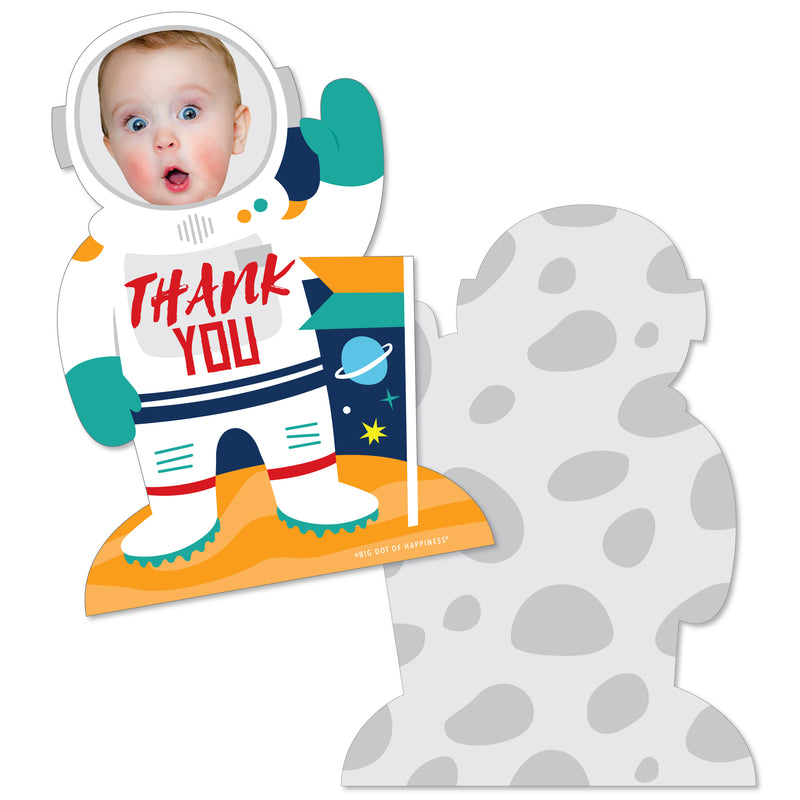 Custom Photo Blast Off to Outer Space - Rocket Ship Birthday Party Fun Face Shaped Thank You Cards with Envelopes - Set of 12