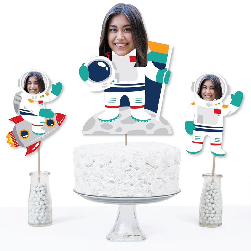 Custom Photo Blast Off to Outer Space - Rocket Ship Birthday Party Centerpiece Sticks - Fun Face Table Toppers - Set of 15