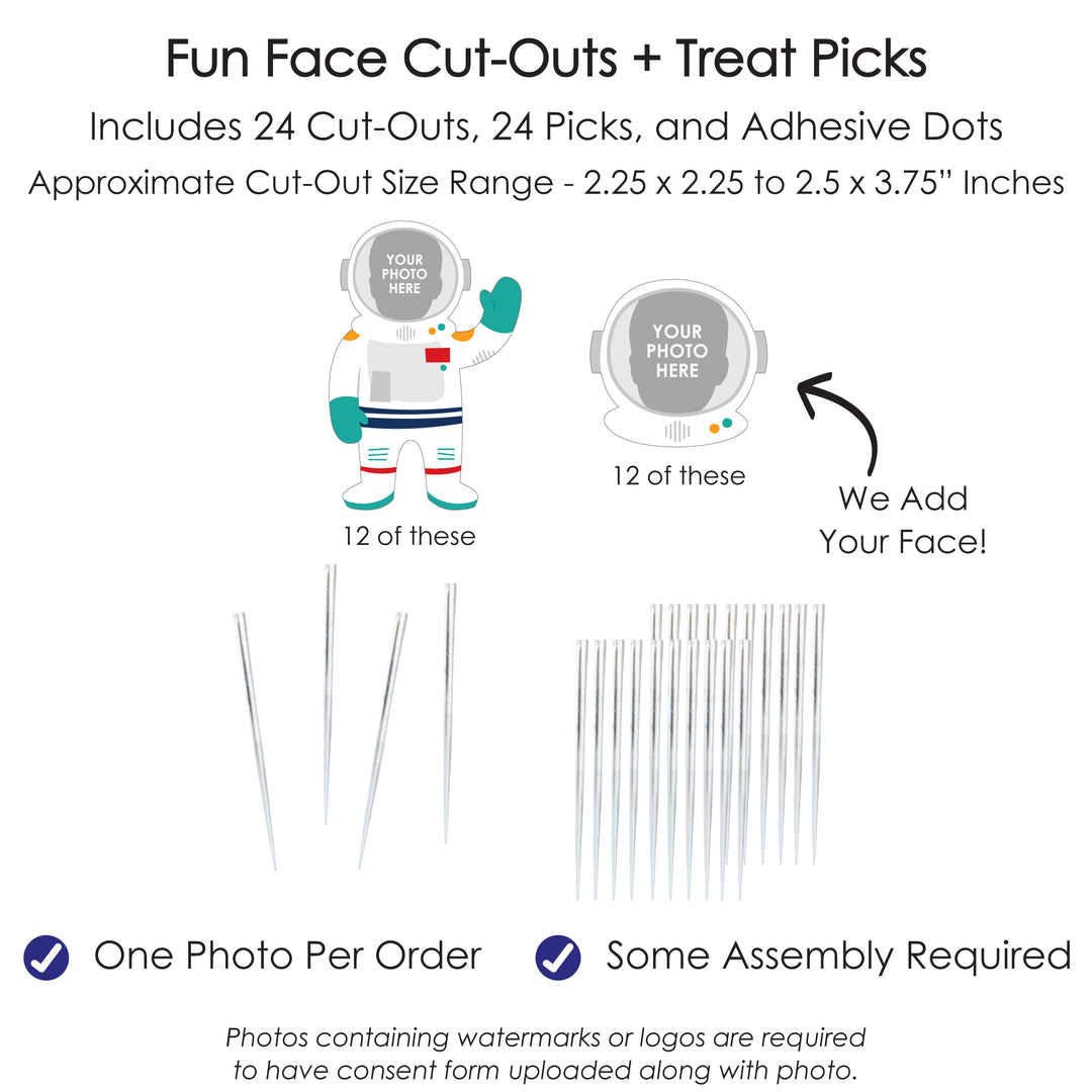Custom Photo Blast Off to Outer Space - Rocket Ship Birthday Party Dessert Cupcake Toppers - Fun Face Clear Treat Picks - Set of 24