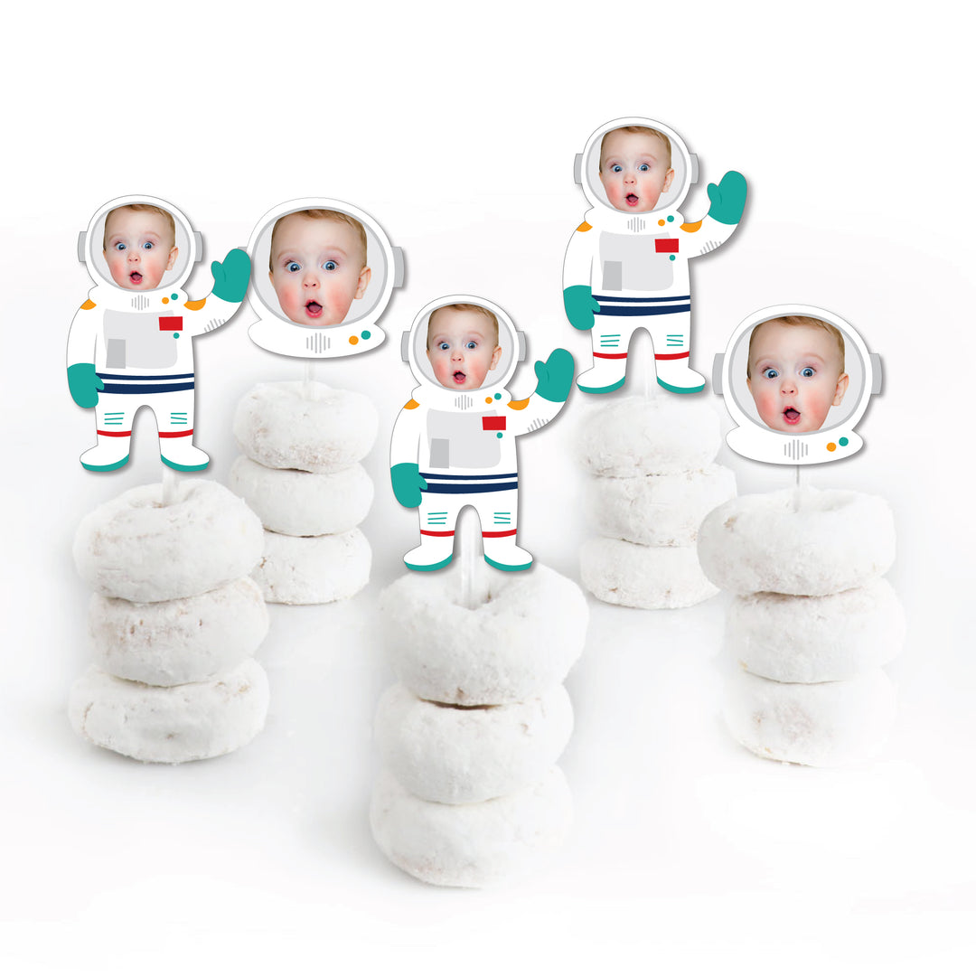 Custom Photo Blast Off to Outer Space - Rocket Ship Birthday Party Dessert Cupcake Toppers - Fun Face Clear Treat Picks - Set of 24