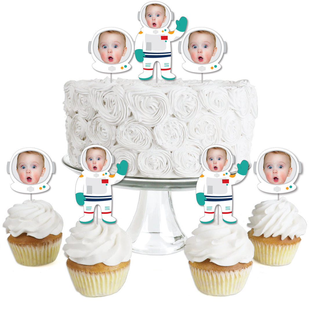 Custom Photo Blast Off to Outer Space - Rocket Ship Birthday Party Dessert Cupcake Toppers - Fun Face Clear Treat Picks - Set of 24