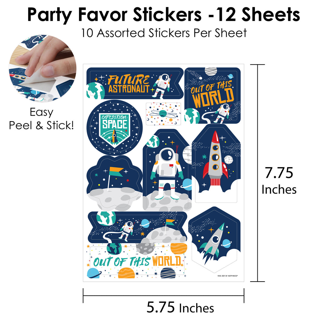 Blast Off to Outer Space - Rocket Ship Baby Shower or Birthday Party Favor Sticker Set - 12 Sheets - 120 Stickers