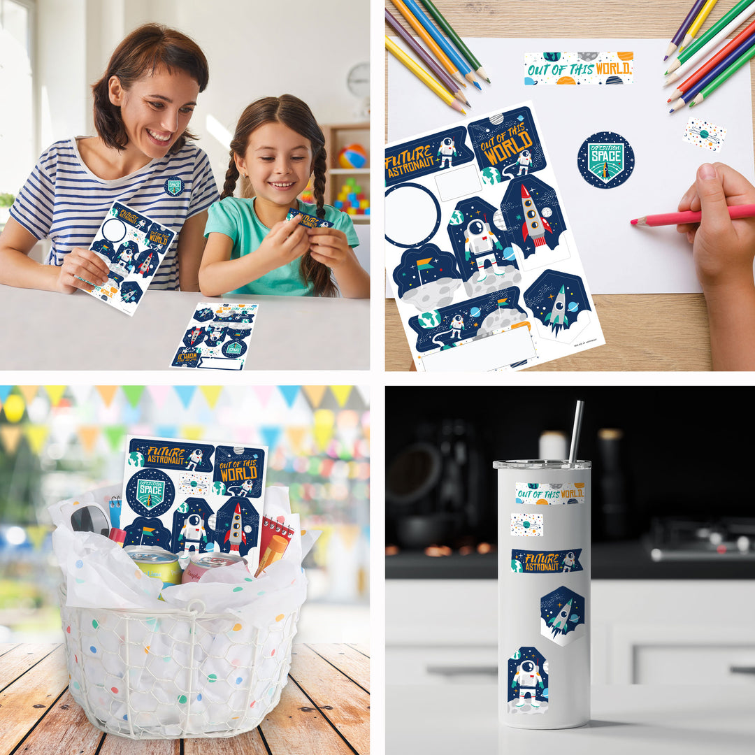 Blast Off to Outer Space - Rocket Ship Baby Shower or Birthday Party Favor Sticker Set - 12 Sheets - 120 Stickers