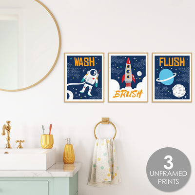 Blast Off to Outer Space - Unframed Wash, Brush, Flush - Rocket Ship Bathroom Wall Art - 8 x 10 inches - Set of 3 Prints