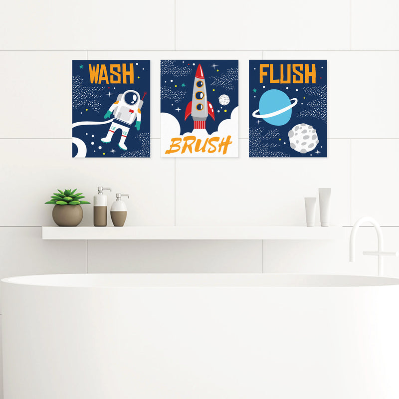 Blast Off to Outer Space - Unframed Wash, Brush, Flush - Rocket Ship Bathroom Wall Art - 8 x 10 inches - Set of 3 Prints