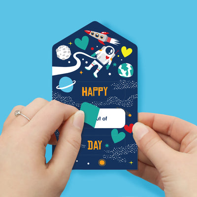 Blast Off to Outer Space - Rocket Ship Cards for Kids - Happy Valentine’s Day Pull Tabs - Set of 12