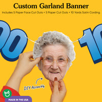 Cardstock finish and satin string on 100th birthday face banner