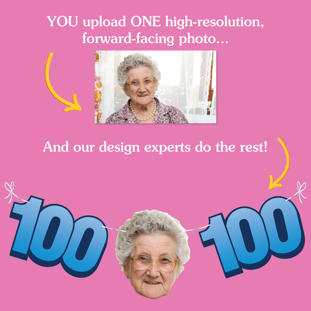 Upload one photo for custom 100th birthday fun face banner