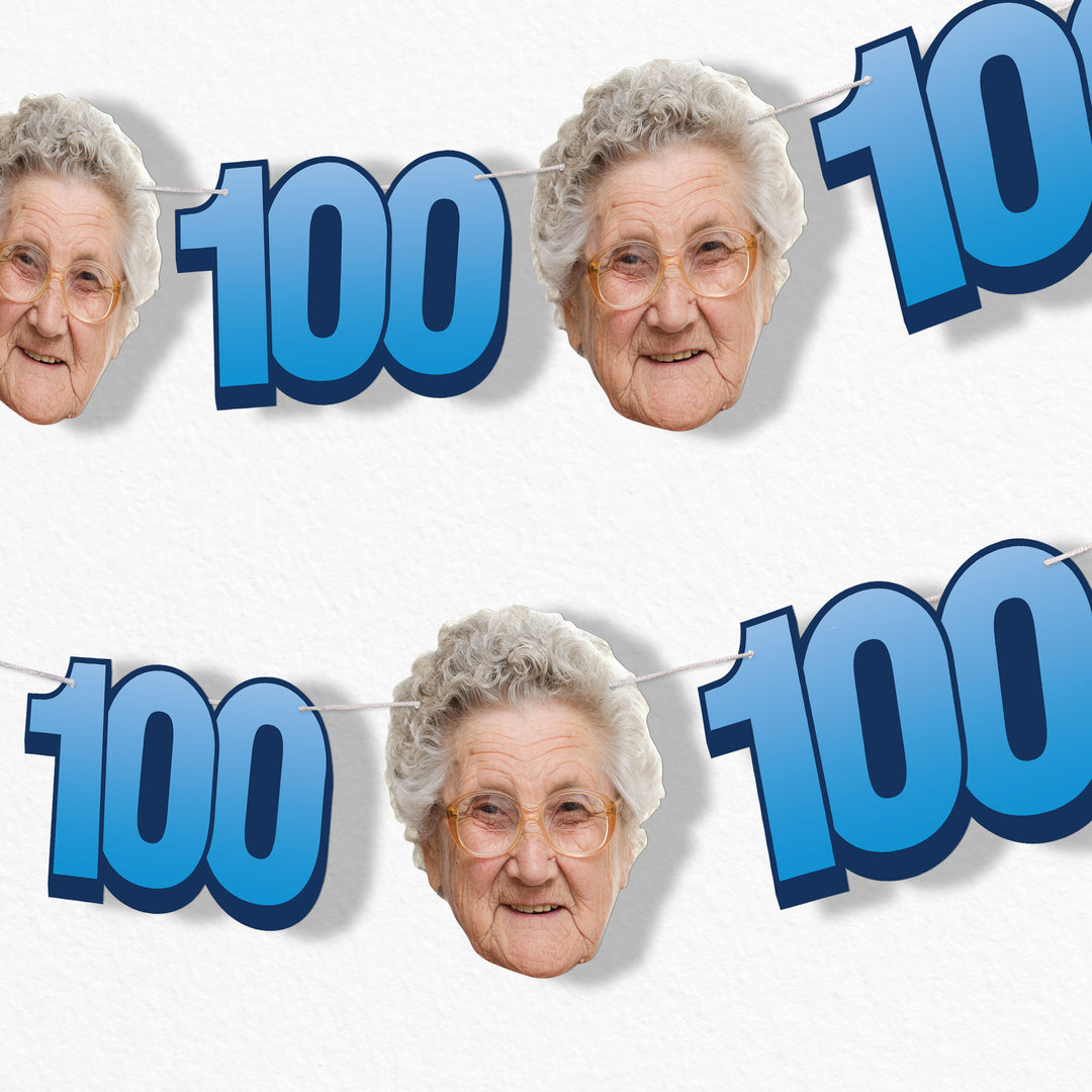 Blue 100th birthday fun face garland banner