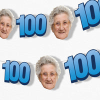 Blue 100th birthday fun face garland banner