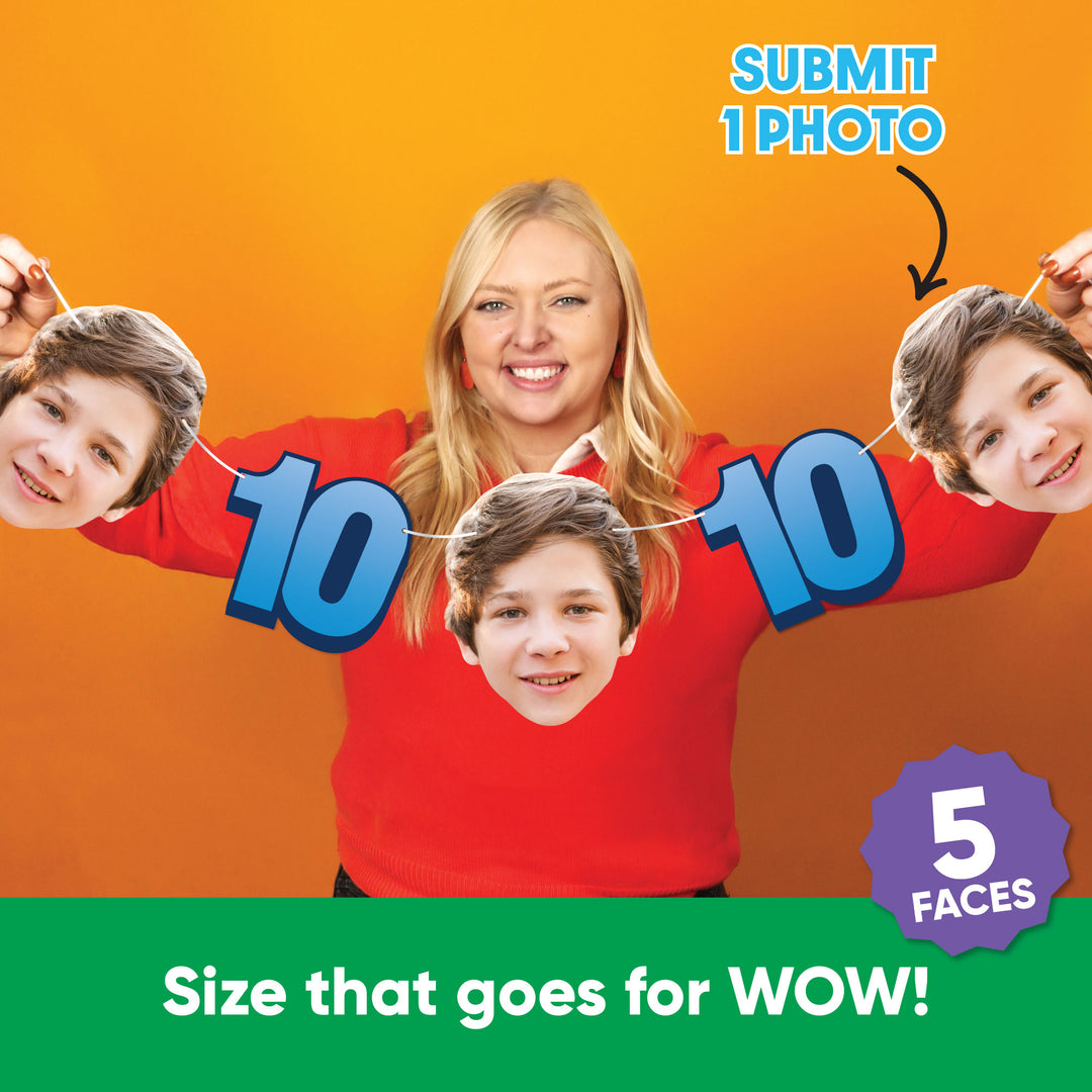 Submit one photo to create five custom faces for 10th birthday garland