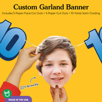 White satin cording and cardstock details on 10th birthday face garland