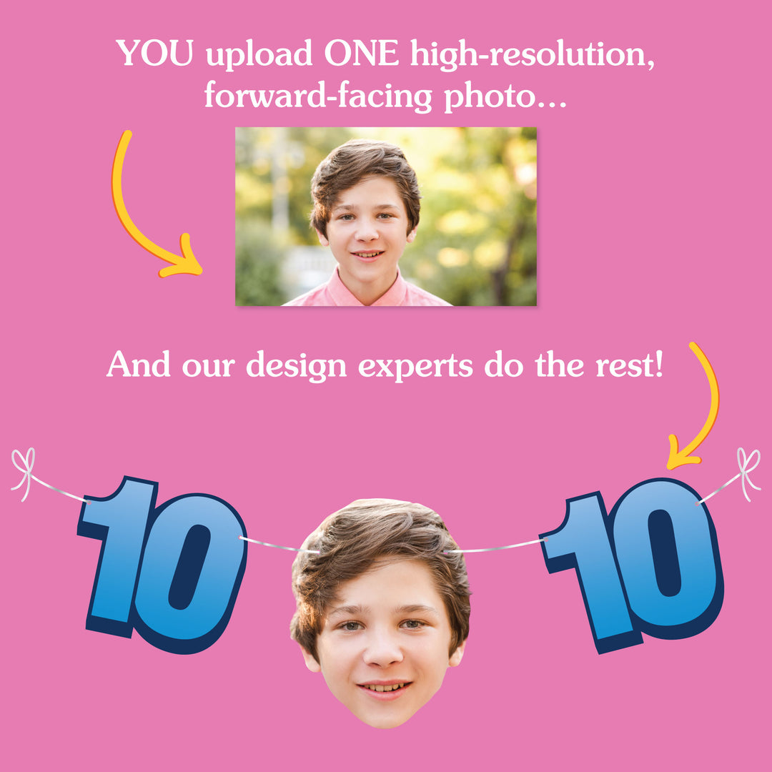 Upload one photo and we design the 10th birthday fun face banner