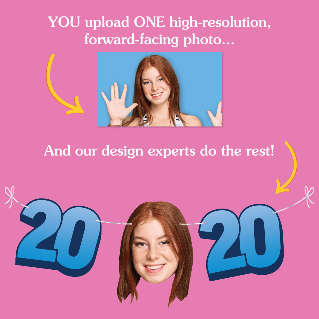 Upload one photo for 20th birthday fun face banner design