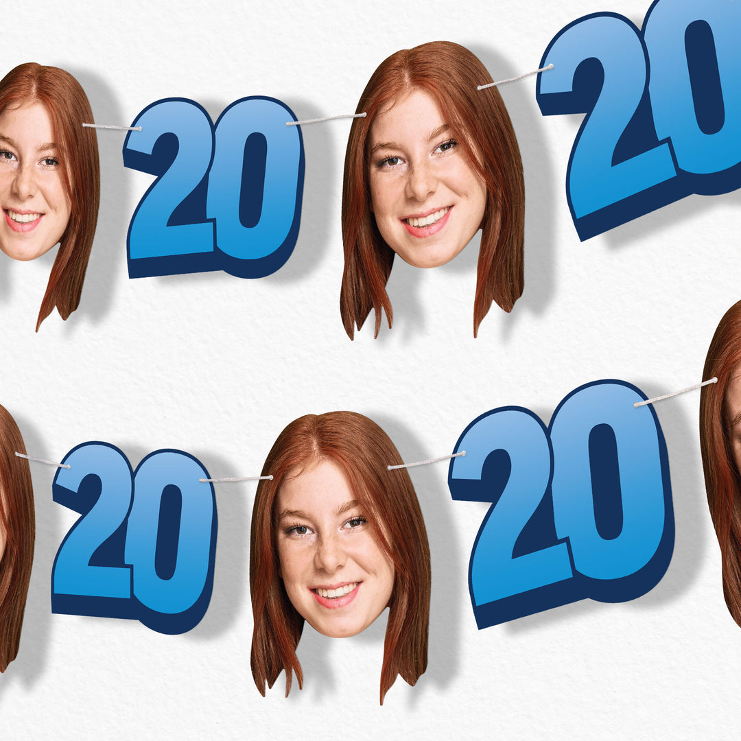 Blue 20th birthday face garland party decor