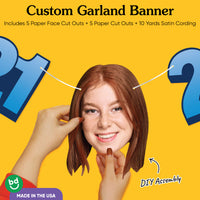Cardstock finish and satin string on 21st birthday face banner