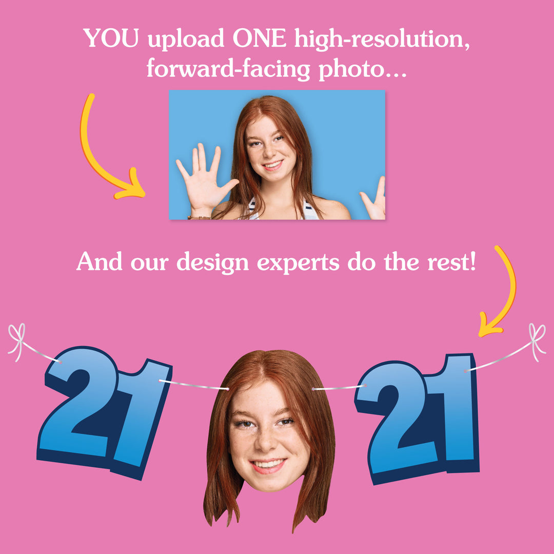 Upload one photo for custom 21st birthday fun face banner