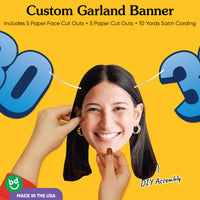 Cardstock finish and satin string on 30th birthday face banner