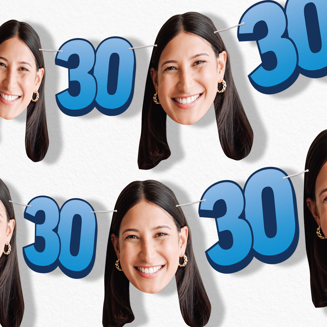 Blue 30th birthday fun face garland banner