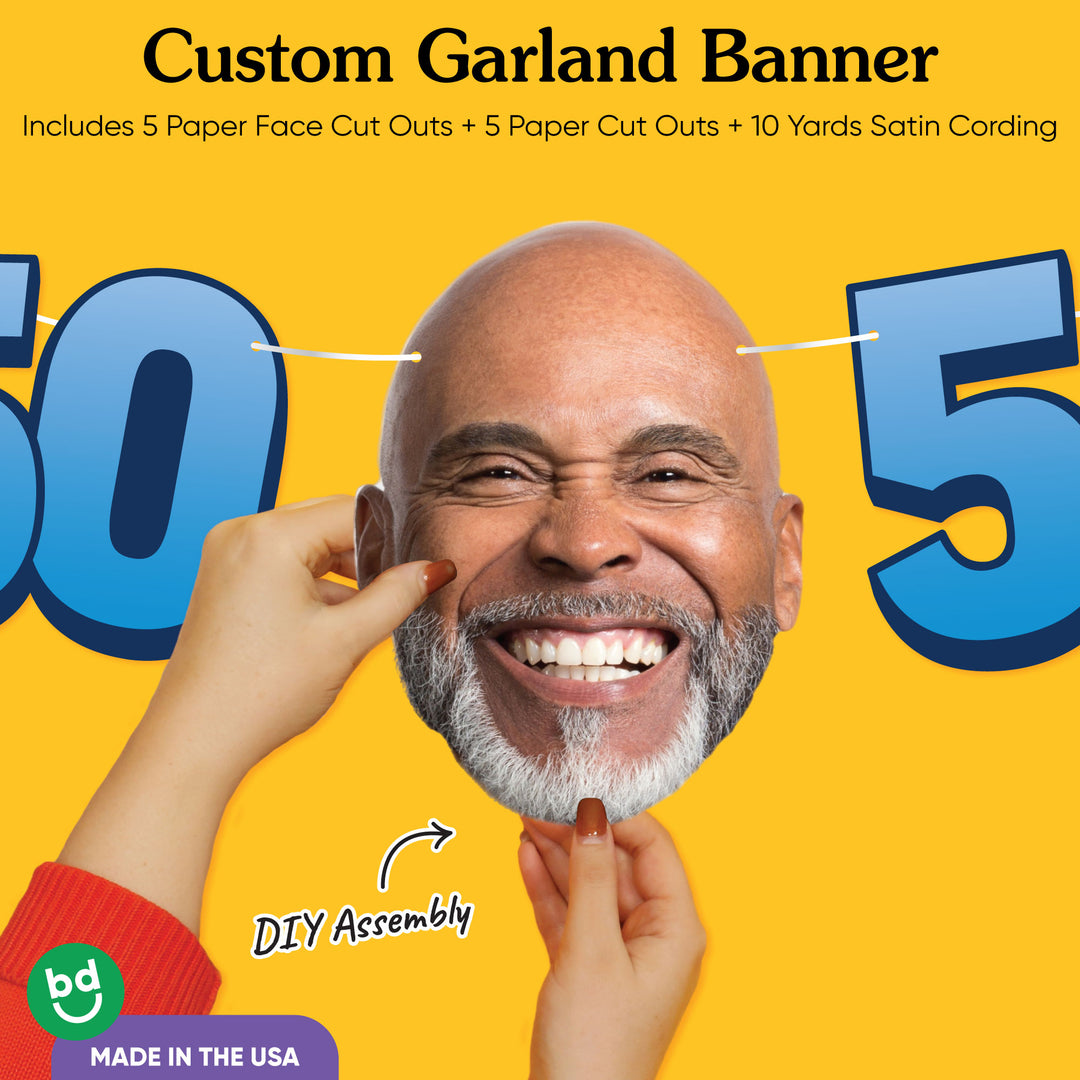Cardstock finish and satin string on 50th birthday face banner