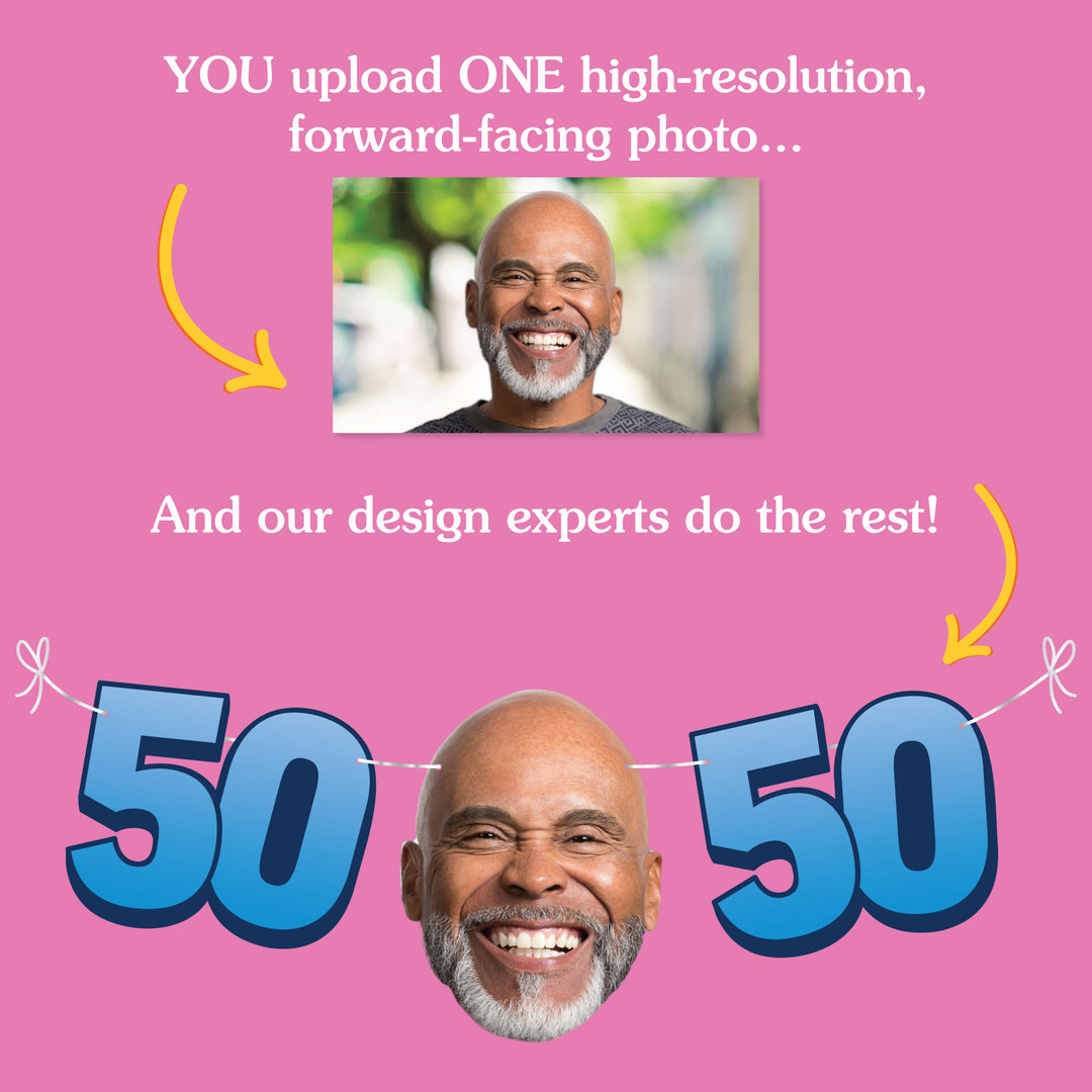 Upload one photo for custom 50th birthday fun face banner